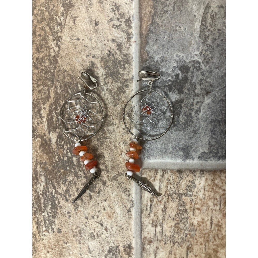 Dreamcatcher‎ Clip On Earrings Orange Stone Feather Charm